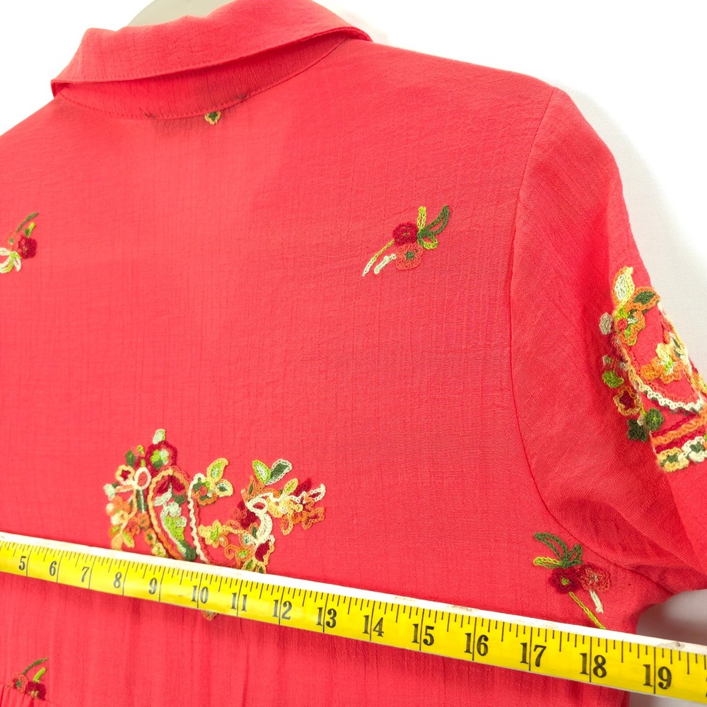 Anthropologie Figueroa & Flower Embroidered Dress Coral Pink Tiered M Boho - Picture 7 of 14